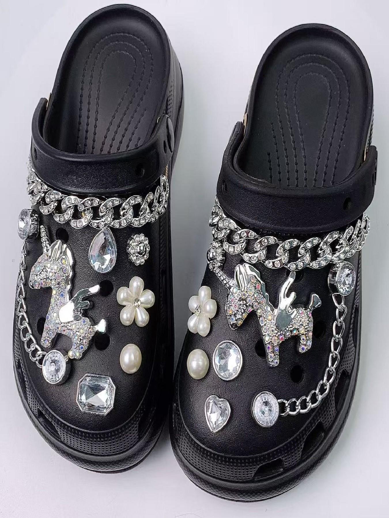 New 16pcs Hole Shoe Decoration Accessories Chain Small Horse Set Silver Color Rhinestone Chains, Detachable Hole Shoes Parts