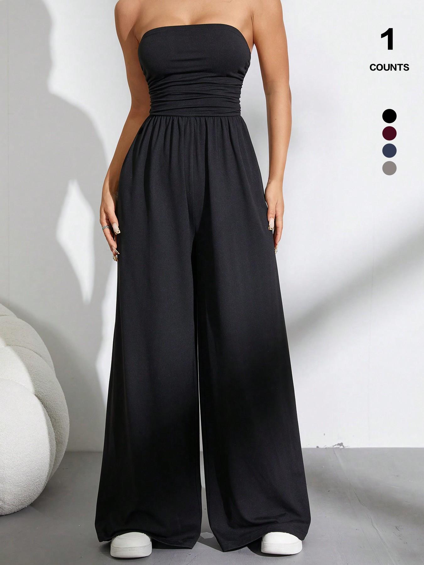 Solid Color Casual Sleeveless Pleated Loose Jumpsuit, Slim-Fitting Ruched Design, Elastic Waist, All Seasons Wear, Organic Textile, Waistband Jumpsuit