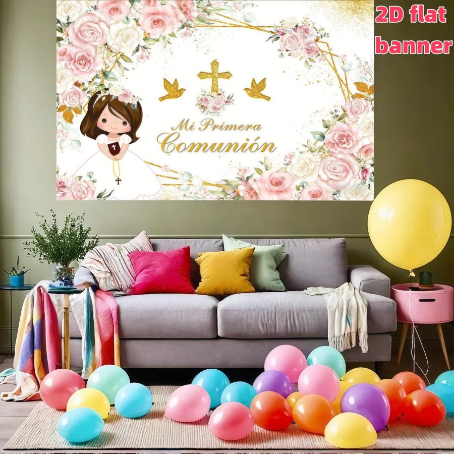 Spanish First Communion Background Banner, Bohemian Baptism Party Decor, Flowers, Polyester, Indoor Outdoor Birthday Party Decoration