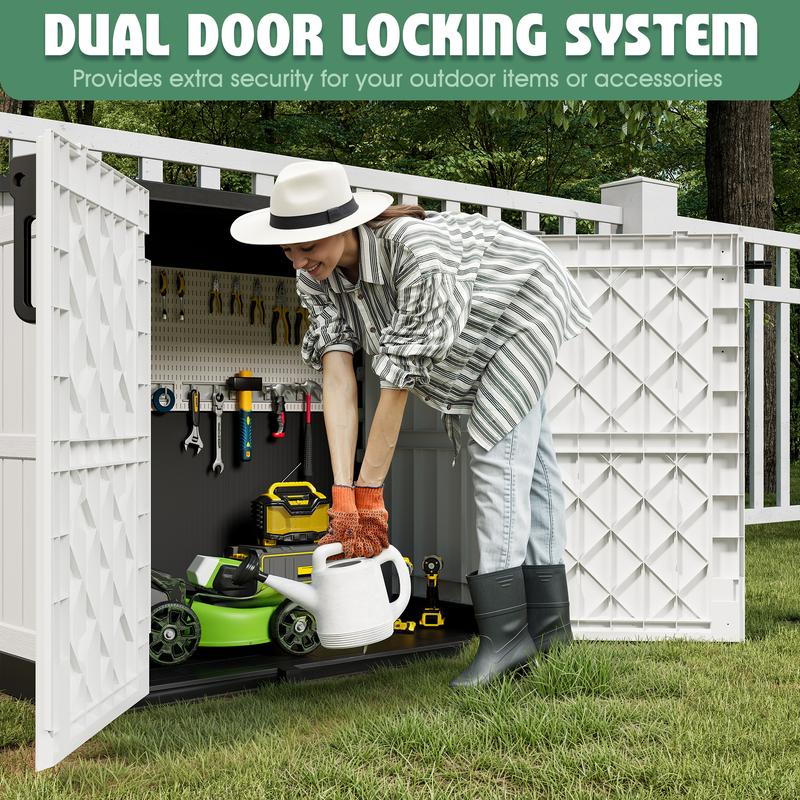 Outdoor Storage Box (White/Black) -  126.5"D*73.1’W*110”H, 36 Cu Ft Capacity, Waterproof Resin with Lockable Latch, 15 Lbs/Sq Ft Roof Load, Durable Solid Plastic Organizer-Christmas Gifts.