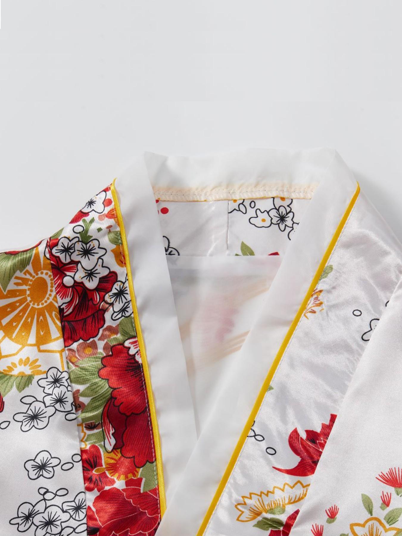 Girls Japanese Floral Satin Kimono Robe Kids Yukata Dress with Obi Children’s Bathrobe Traditional Costume for Cosplay Birthday Party  Photoshoots Cultural Festival School Event Photoshoots & Daily Loungewear Ideal Gift for Girls