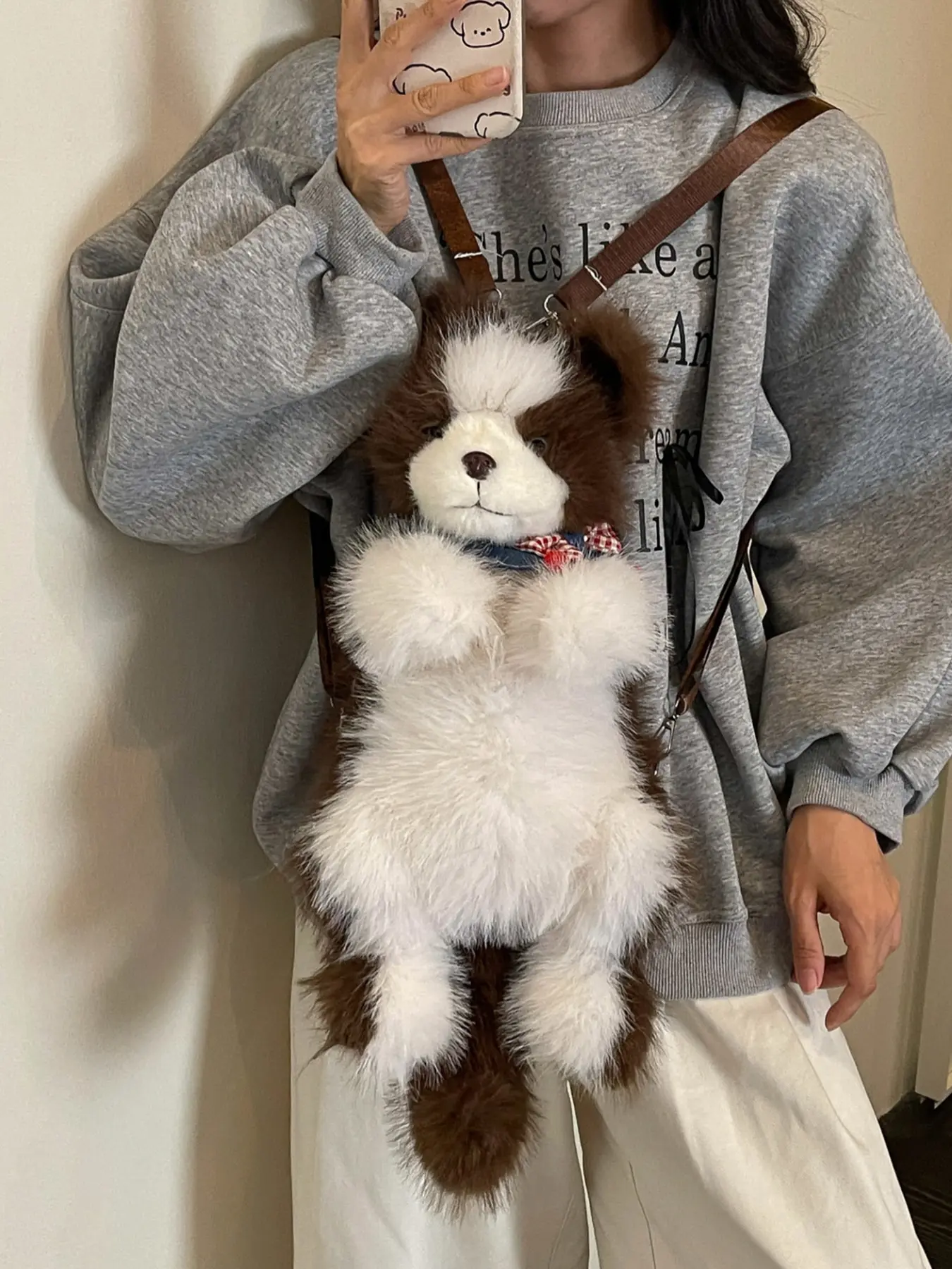 1pc Plush Animal Doll Backpack, Stylish Casual Daypack, Cute Fluffy Shoulder Bag, 3D Dog Design, Bow Accent & Adjustable Leather Straps, Ideal for Women Trendy Daily Wear & Casual Outings