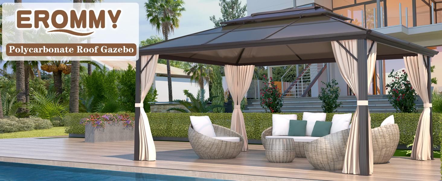 EROMMY Hardtop Gazebo, Outdoor Polycarbonate Double Roof Canopy, Aluminum Frame Permanent Pavilion with Curtains and Netting, Sunshade for Garden, Patio, Lawns EROMMY Hardtop Gazebo, Outdoor Polycarbonate Double Roof Canopy, Aluminum Frame Permanent Pavilion with Curtains and Netting, Sunshade for Garden, Patio, Lawns