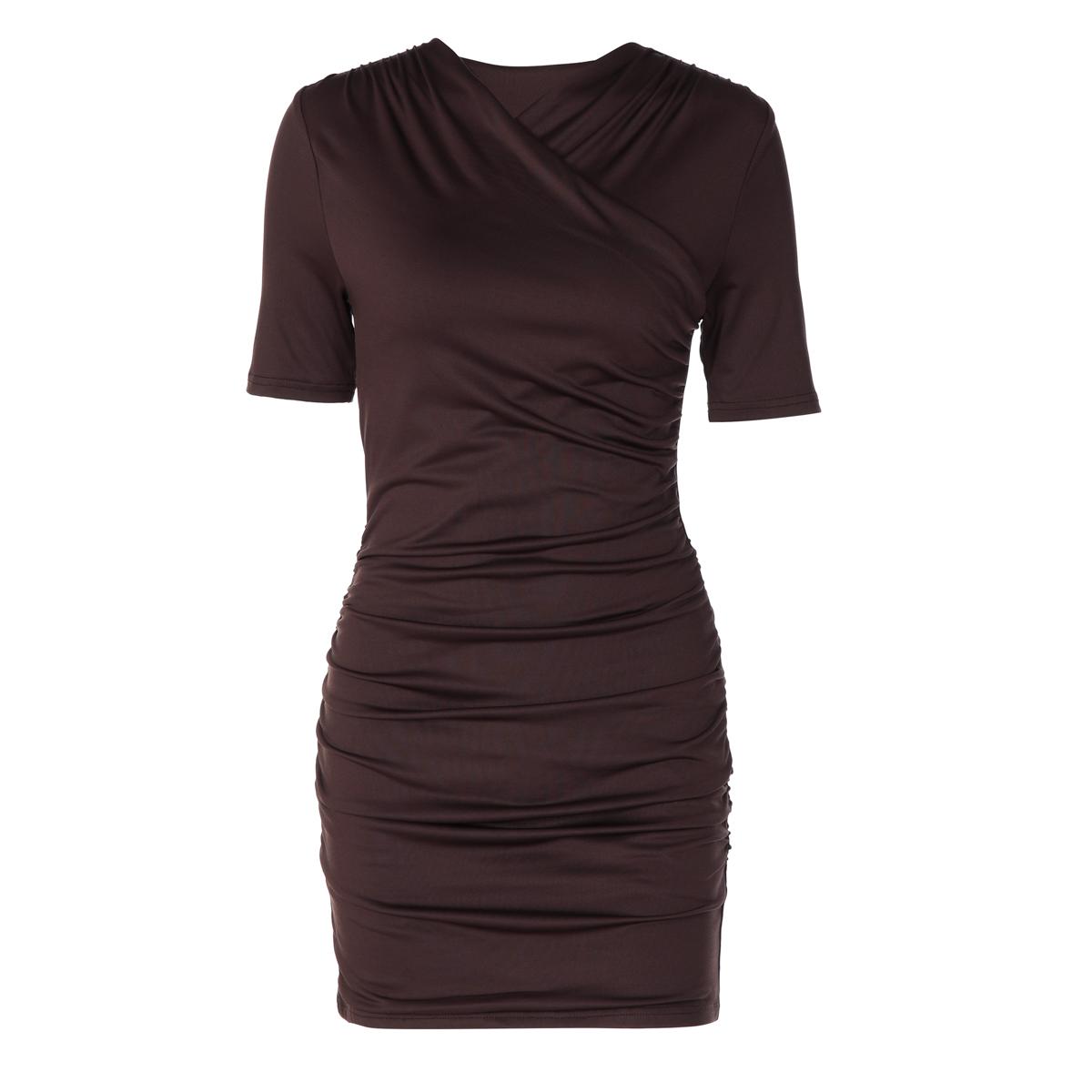 Women's 2026 Summer Short-Sleeve Cross Neck Ruched Side Bodycon Mini Dress - Chic Elegant Fit, Basic Minimalist, Casual Streetwear with Wrap Detail
