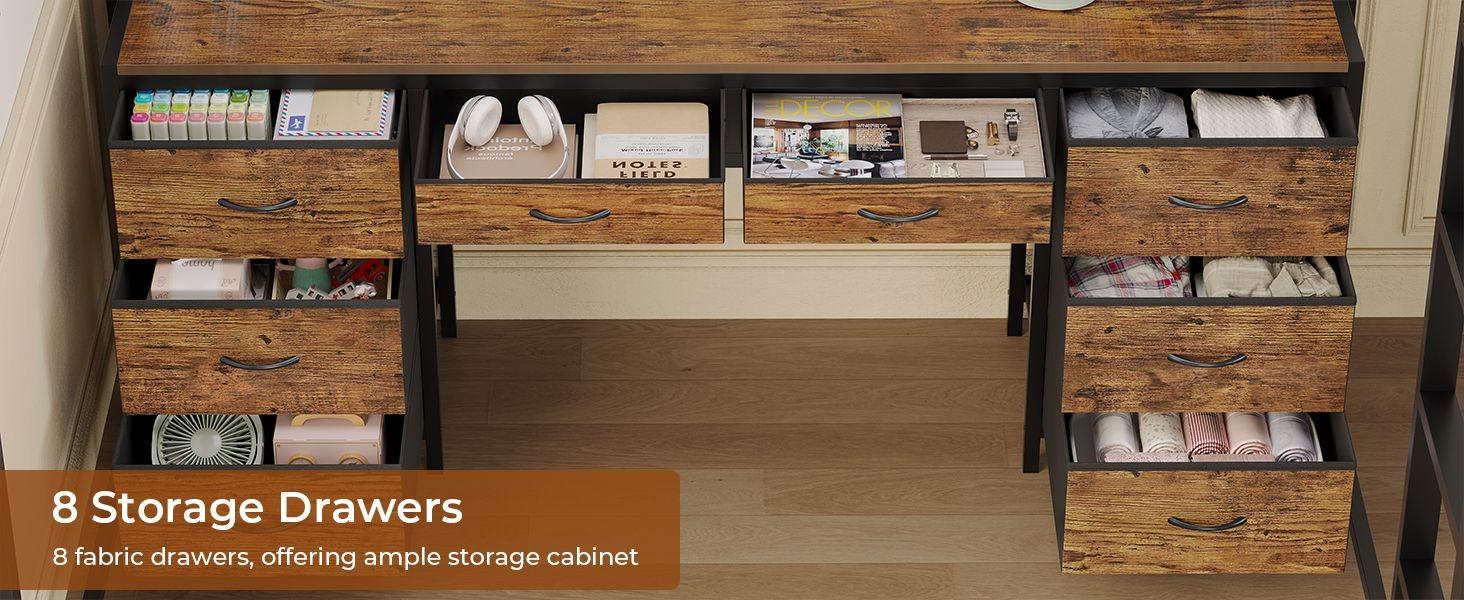 Sikaic Full Metal Loft LED Bed Frame with 8 Storage Drawers & Charging Station and 4 Open Storage Shelves Brown