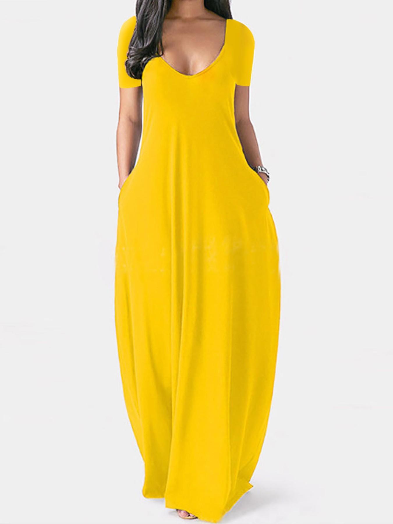 Women's Summer Beach Vacation Casual Sundress, Sexy Deep V-Neck Design with Pockets, Loose-Fit Short Sleeve Plain Style