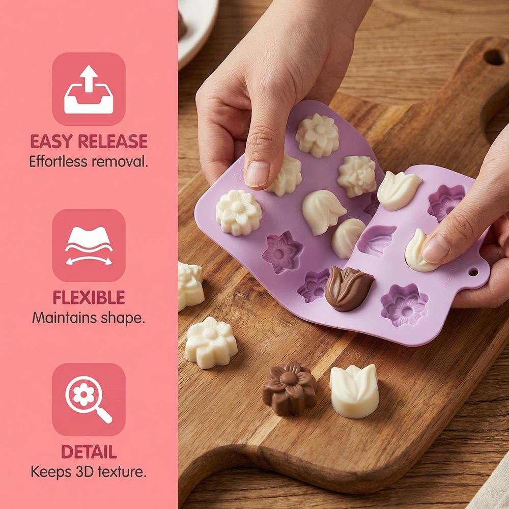 3pcs Tulip Shape Chocolate Silicone Molds, DIY Candy Pudding Baking Cookie Birthday Cake Decoration, 15 Cavity Mold Set