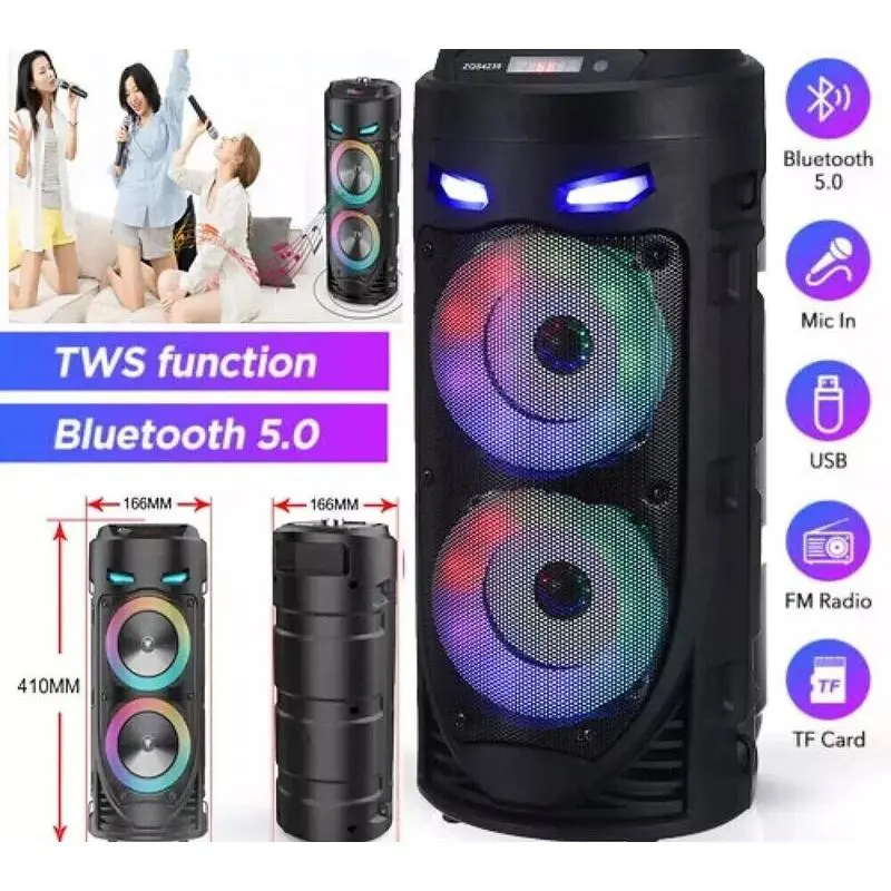 Portable Bluetooth 5.0 Subwoofer with Microphone LED Light USBFM Radio Function Outdoor Karaoke Audio