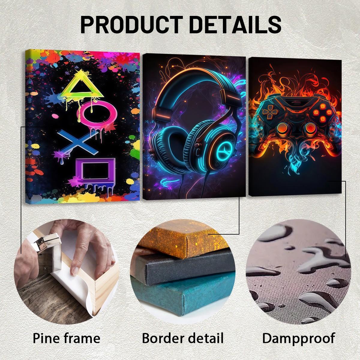 3-count wooden frame canvas, neon ink-wash game buttons, headphone controllers, e-sports triple poster, fashionable art, modern art, home decoration painting, Framed Home Decor, exquisite living room, bedroom and office wall art, waterproof art
