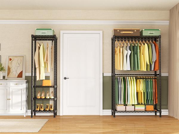 Ulif E10 Heavy Duty Clothes Rack With Stretchable Hanger Rod Adjustable Closet Organizer System,Freestanding Clothing Racks for Hanging Clothes,Portable Garment Rack 73-97"W x 15" D x 72" H，Max Load 800LBS，Black