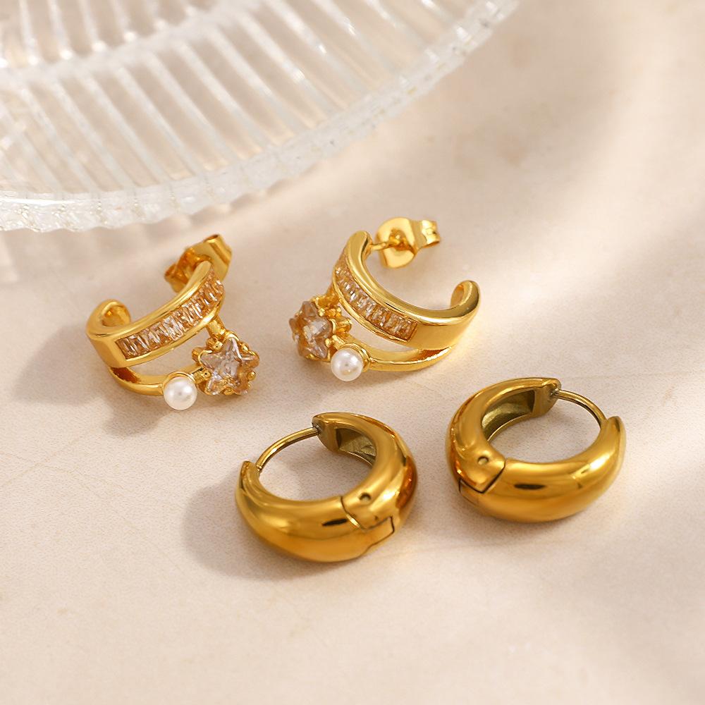 Stylish Titanium Steel C-Shaped Hoop Earrings, 18K Gold Plated, Inlaid Zircon, Trendy & Versatile Design, Tarnish & Water Resistant, Perfect Birthday & Holiday Gift for Her