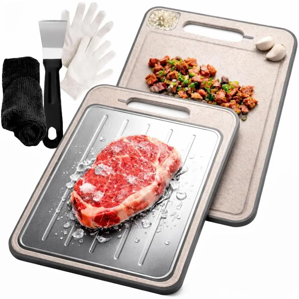4-in-1 Defrosting Tray for Frozen Meat with Cutting Board, Garlic Grater & Knife Refiner - Rapid Thaw Meat Defroster Plate with Safety Gloves, Spatula & Cloth - Non-Slip Thawing Tray, Wheat Straw