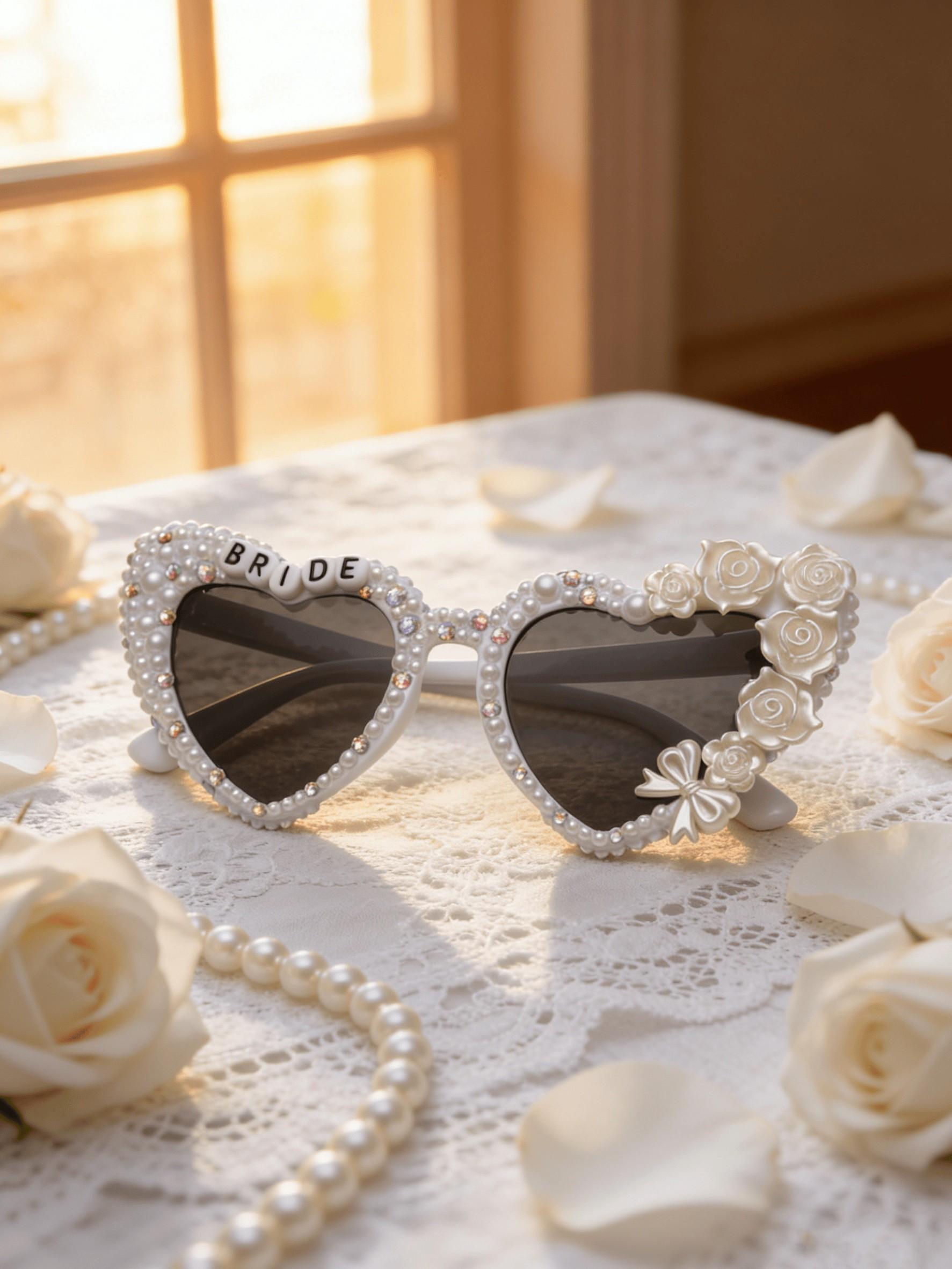 Elegant Bridal Sunglasses with Heart and Rose Design, Luxury Fashion Accessory for Wedding Photos, Ideal Gift for Bride