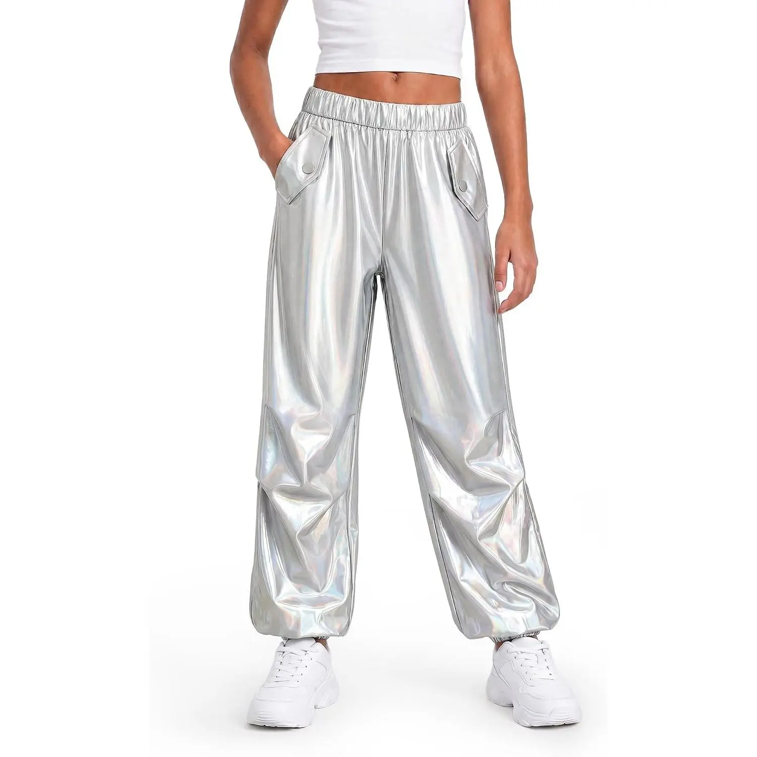 Girls Metallic Holographic Cargo Joggers - Polyester Sequin Sparkly Material, Adjustable Drawstring, Shiny Legs, Cargo Pockets, School Events, Street Wear Youth Bottoms