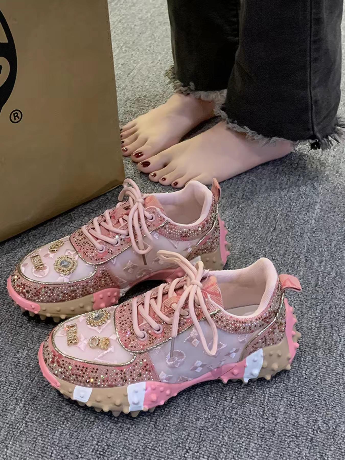 Women's Thick Sole Height Increasing Dad Shoes, Handmade Embellished Fashion Luxury Casual Women's Shoes, Unique Design Comfortable Sneakers