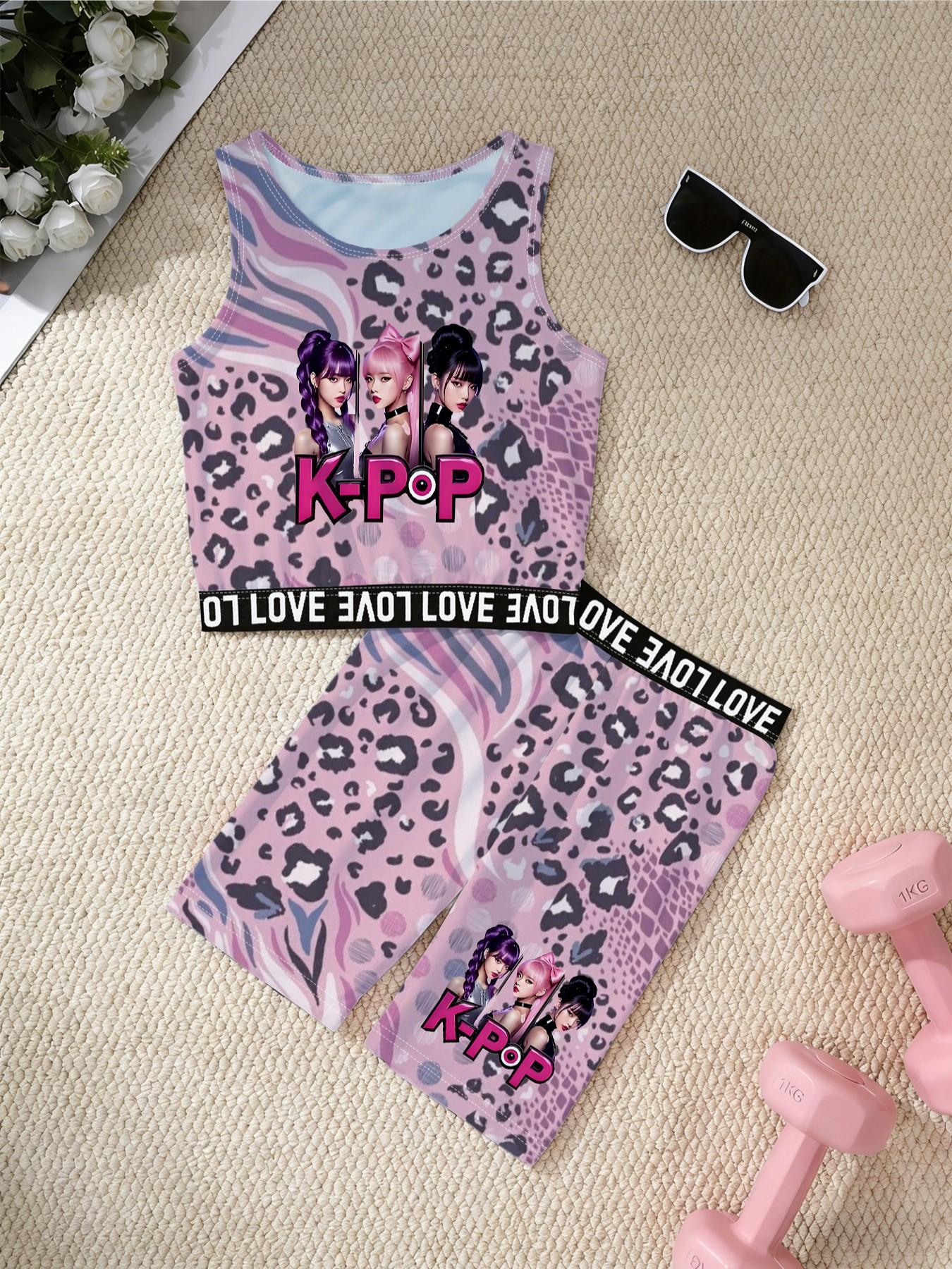 K-POP Girls Leopard Print Yoga Set, 3D Pink Leopard Girl Group Sleeveless Tank Top + Yoga Shorts Print, Comfortable Quick Dry Activewear, Suitable for Dance Sports Daily Wear