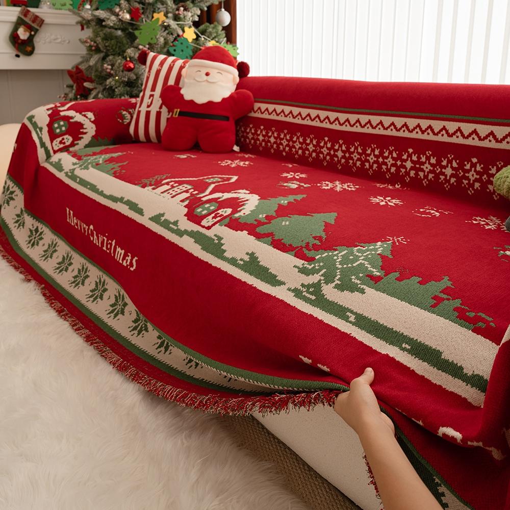 Christmas Sofa Throw Blanket with Tassels, Pet Protection, Fits 1-4 Seater Sofas, Home Decor Christmas Gift, Winter All-Purpose Cover