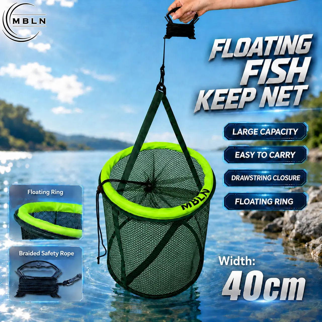 MBLN Floating Fishing Trap, Foldable Portable Nylon Net, Coated Nylon Live Bait Storage Basket, for Crawfish, Small Fish, Leeches, Etc.