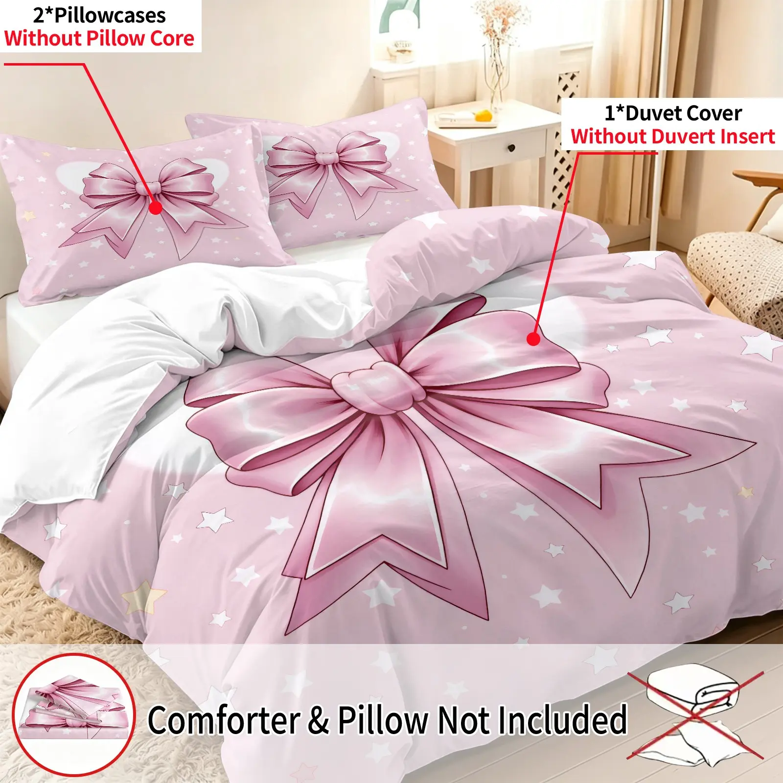 3-piece bedding set (1 duvet cover+2 pillowcases, excluding duvet core), decorated with bow and rose flowers, romantic star pattern, soft and comfortable, Decorative Bedding Set, Soft Bedding Sets, suitable for bedrooms and dormitories