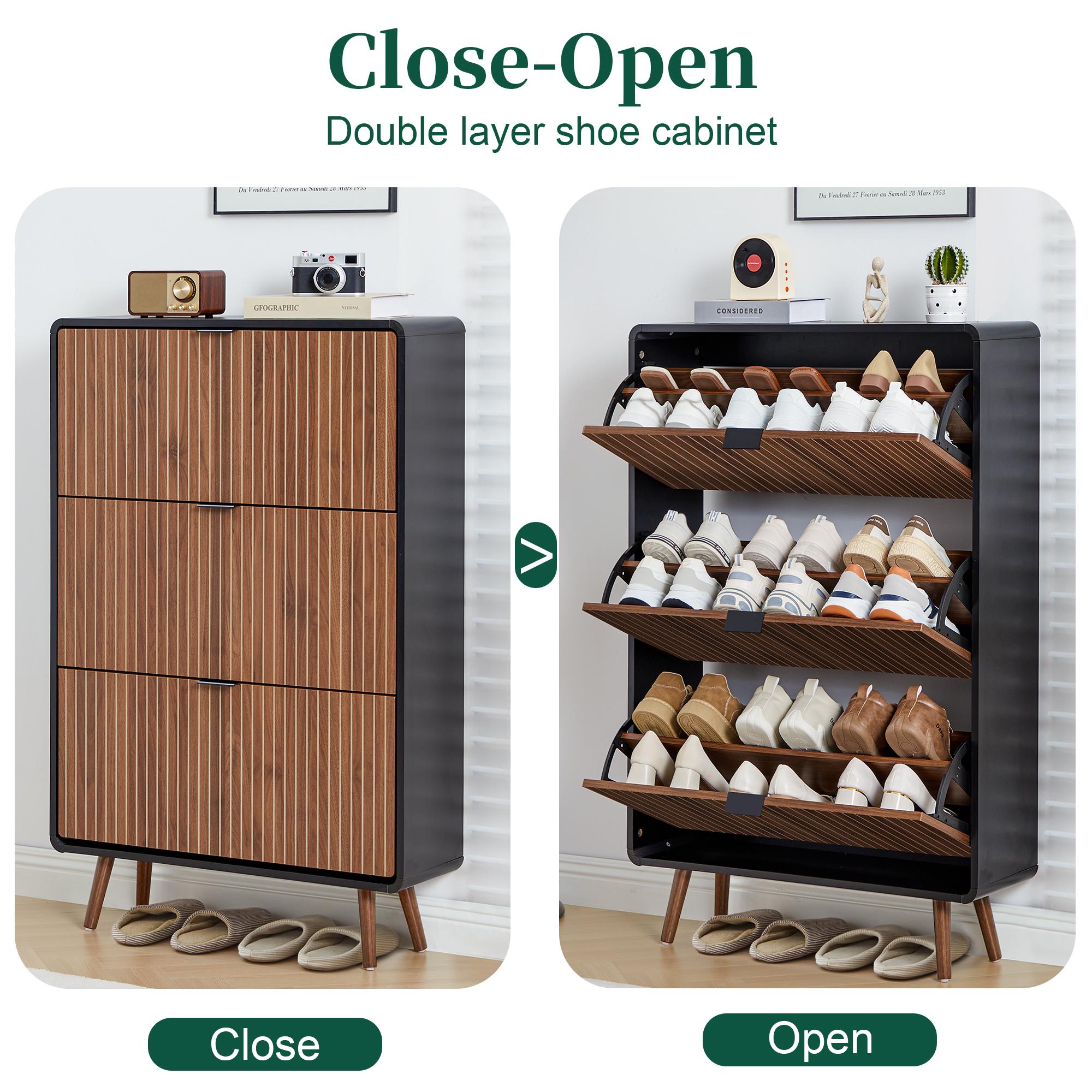 Giratree Modern Mid-Century Wooden Shoe Cabinet, Fluted Design with 2 or 3 Drawers, Stylish Storage Organizer for Entryway, Hallway, or Living Room