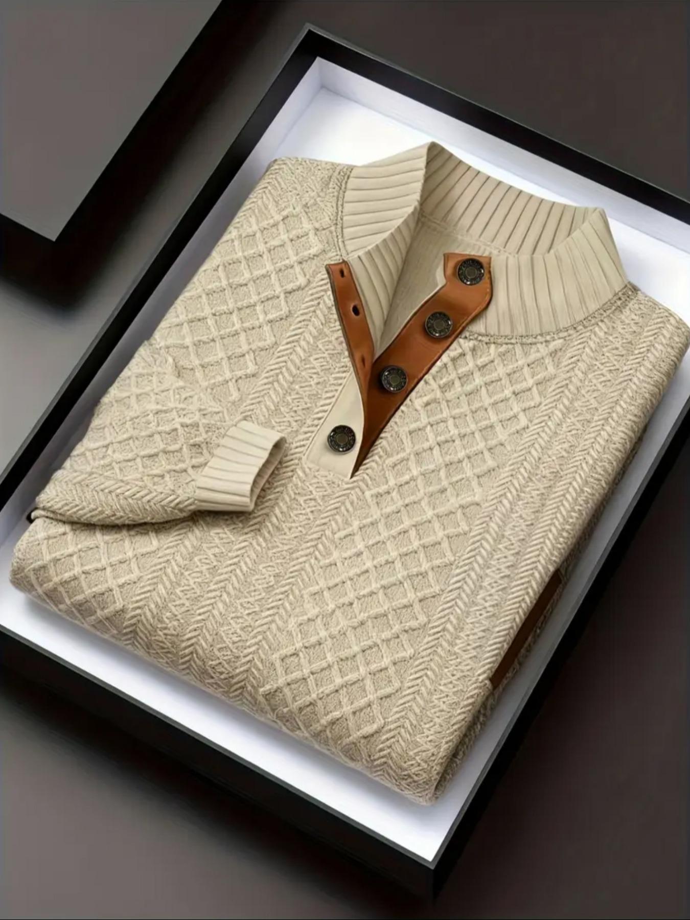 Men's Casual Sweater, Leather Patchwork Stand Collar Button Design Elbow Patches, Warm Sweatshirt for Fall & Winter Seasons