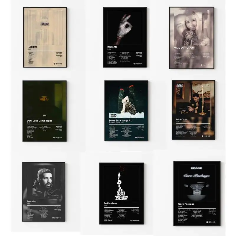 Drake Album Cover Poster Collection, 9 Piece Hip Hop Rap Music Wall Art Set, Take Care, Scorpion, Certified Lover Boy, Honestly Nevermind Inspired Album Tracklist Prints, Vintage Spotify Style Music Posters, Black Framed Aesthetic Bedroom Decor, Music Stu