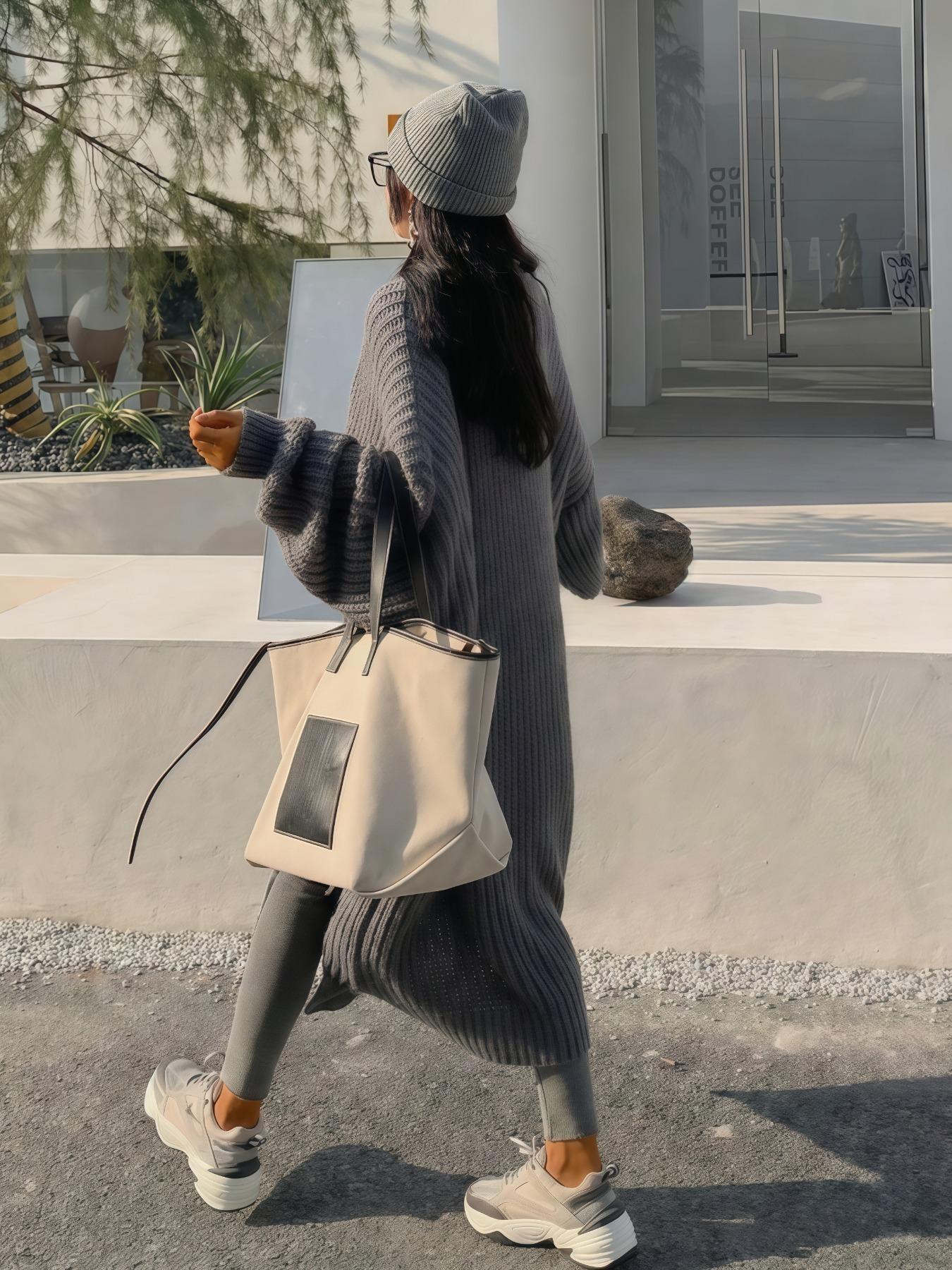 Women's Oversized Y2K Long Knit Cardigan, Ribbed Knit Fabric with Pockets, Loose Fit, Perfect for Spring, Fall and Winter, Casual Layering Outerwear