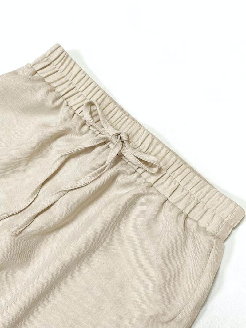 Lm131 Tie Front WideLeg Pants With Pockets & Women's Solid Button Front Shirt Two-piece Set,Casual Modest Outfit, Casual Fashion Set