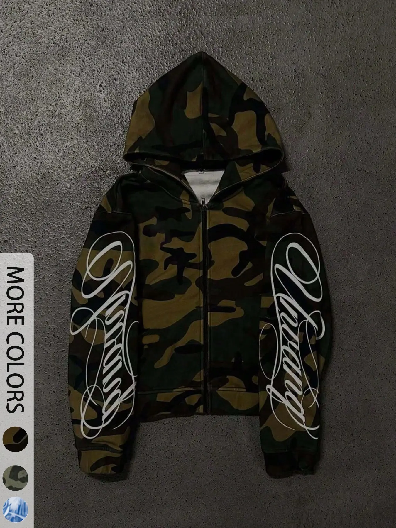 Men's Y2K Camo Zipper Hoodie, Gothic Script Letter Print Loose Streetwear Jacket, Perfect for Hip-Hop Daily Casual