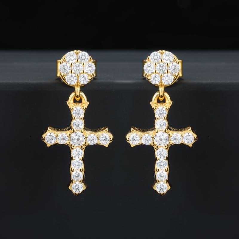 【#E536】Mother's Day gift Iced Out Cross Drop Earring With Flower Stud UCCIYO Synthetic Moissanite Earrings For Women 925 Sterling Silver Stud Earring Men Hip Hop Jewelry Couple Gift