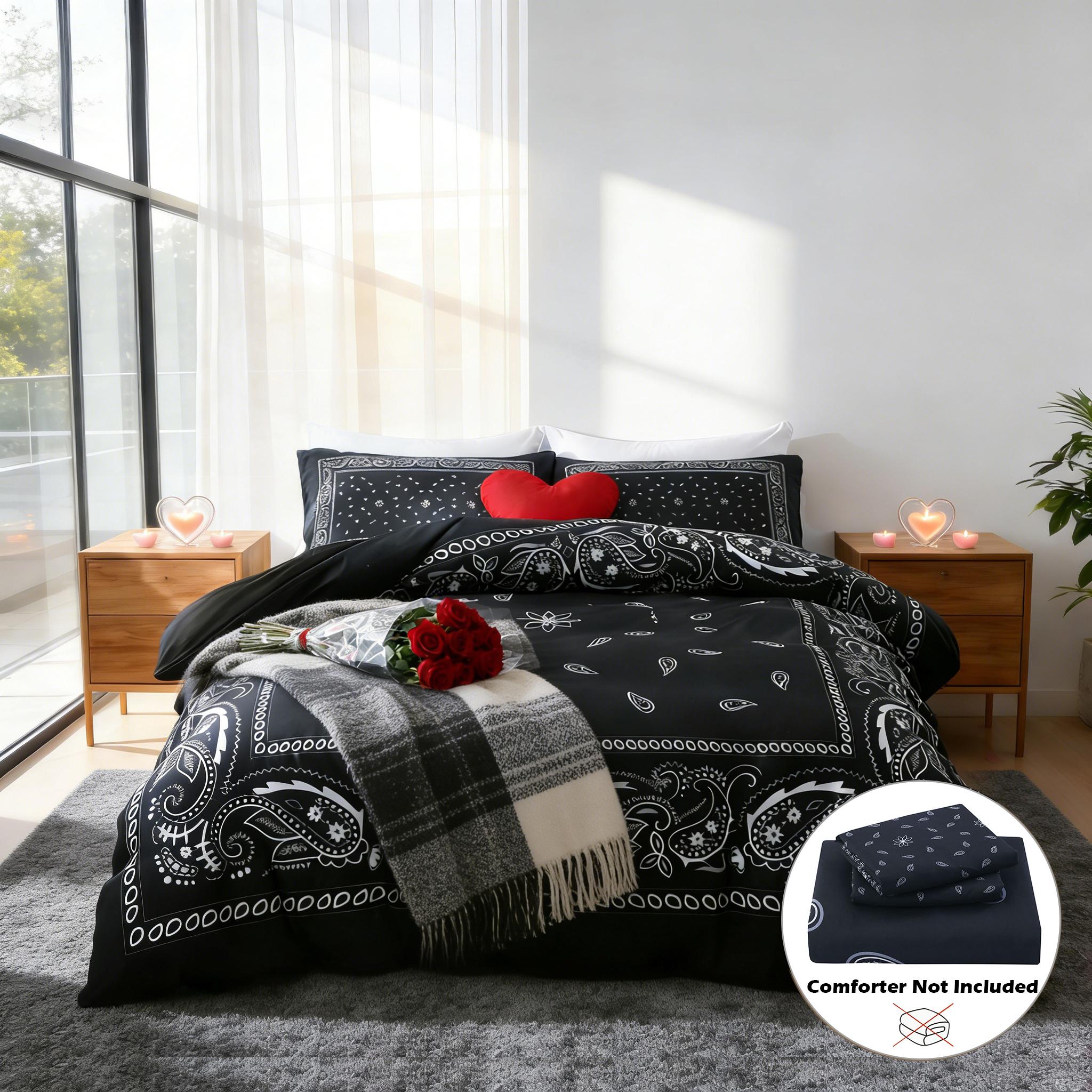 3pcs Black & White Paisley Print Bedding Set, Includes 1 Duvet Cover + 2 Pillowcases No Insert, Comfortable Sleep, Perfect Gift for Dorm Room, All Seasons