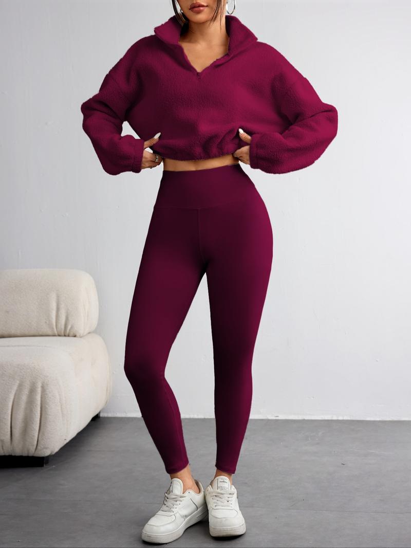 Women's Solid Zip Up Crop Pullover & Tank Top & Legging Three-piece Set, Casual Sporty Outfits for Yoga Gym Workout Running, Women's Sportswear for Fall & Winter, Yoga Tracksuit Set