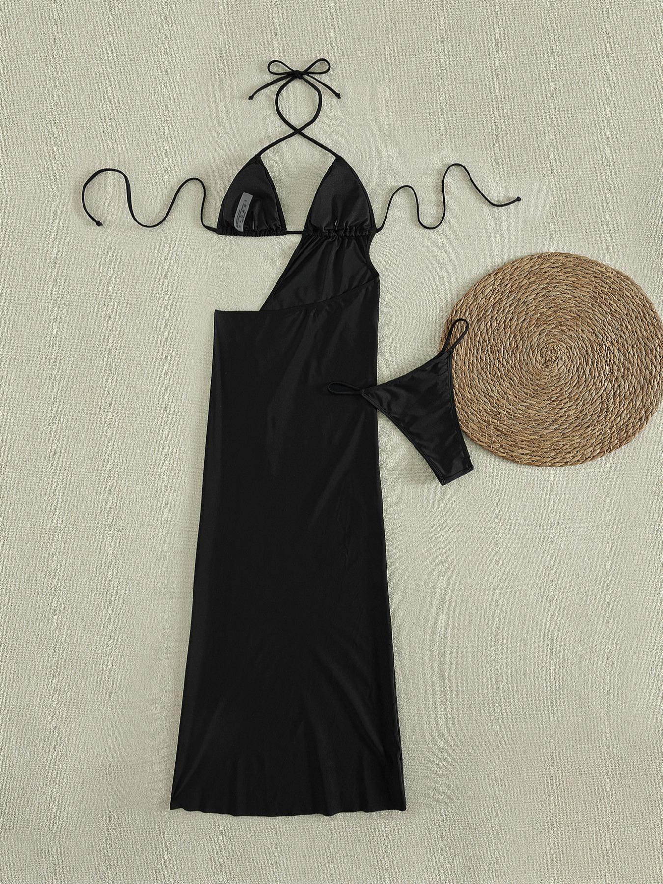 Women's Black One-Shoulder Sleeveless High Slit Maxi Dress with Gold Starfish Metal Accent - Side Cutout Sexy Party Dress for Nightclub, Beach Vacation, Festival Rave