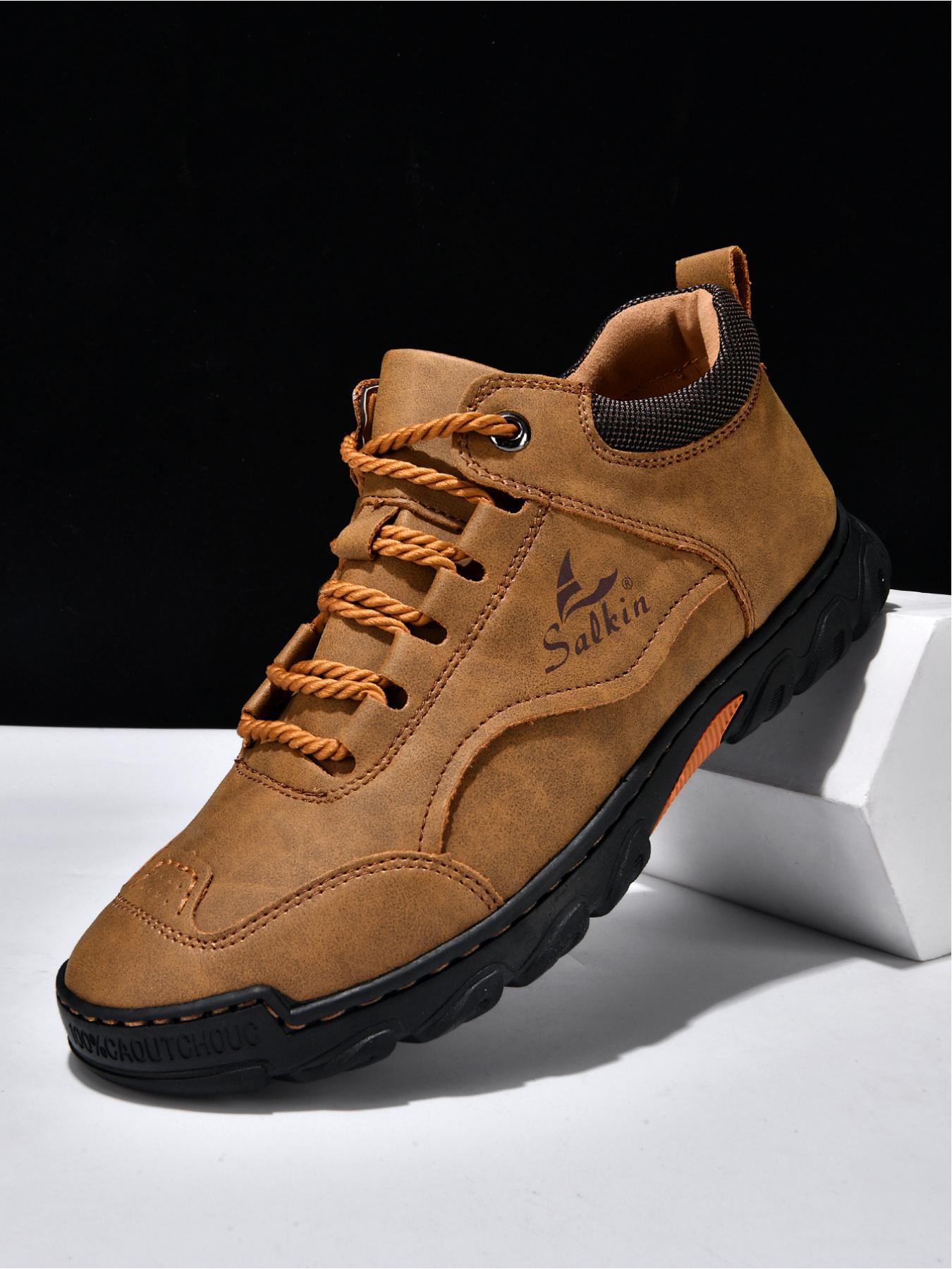 Men's Retro Outdoor Work Shoes, Hand-Stitched Mid-Top Casual Sneakers, Soft Sole Non-Slip Hiking Boots