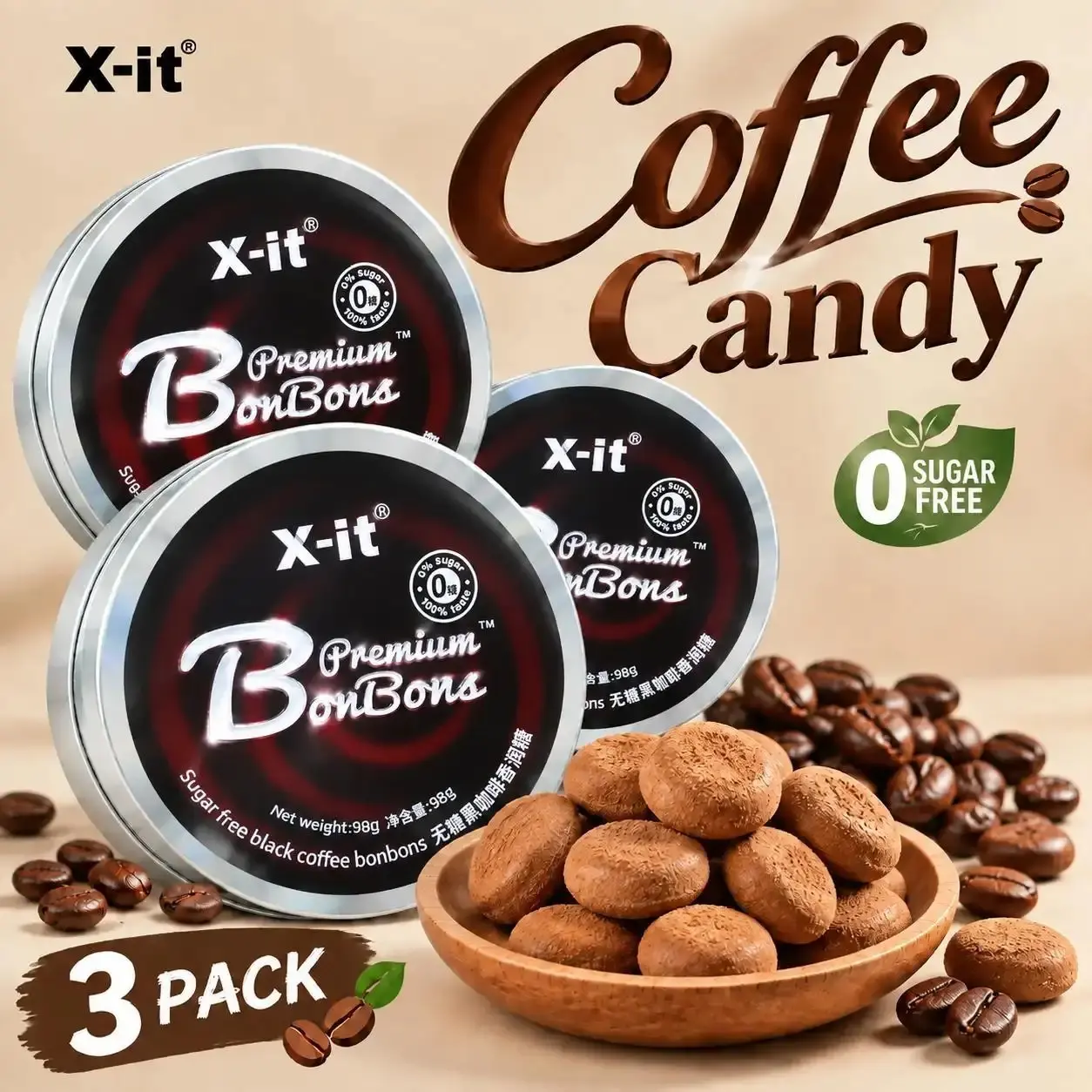 X-it Sugar Free Black Coffee Candy Mints 98g, 3-Tin Pack, with Vitamin C, Hard Candy Breath Mints for Office, Driving & Workouts, Gluten Free, No Aspartame Sweet Bonbon