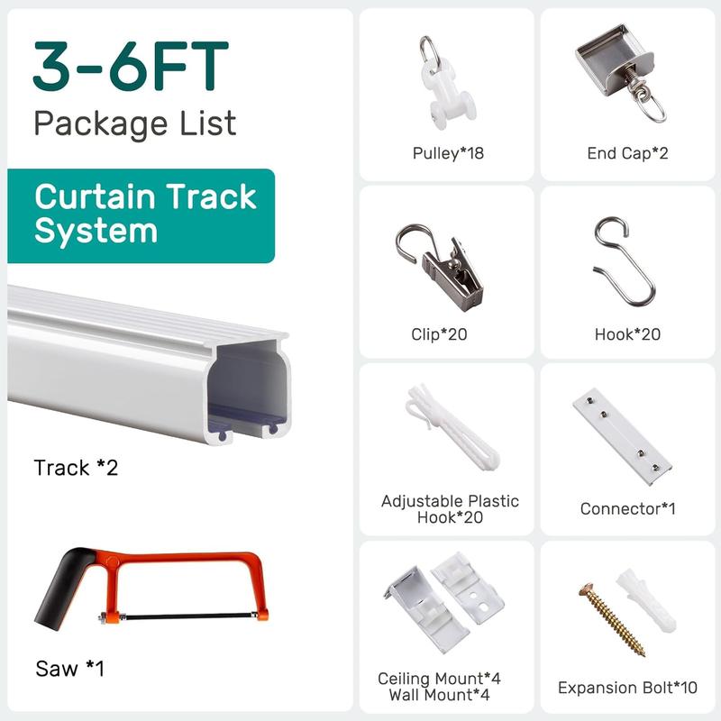 INOVADAY Curtain Slide Rails With Silent Strips, Ceiling And Wall-Mounted Curtain Rails, Three Types Of Hooks Are Available For Use In Bedrooms, Living Rooms And Bathrooms