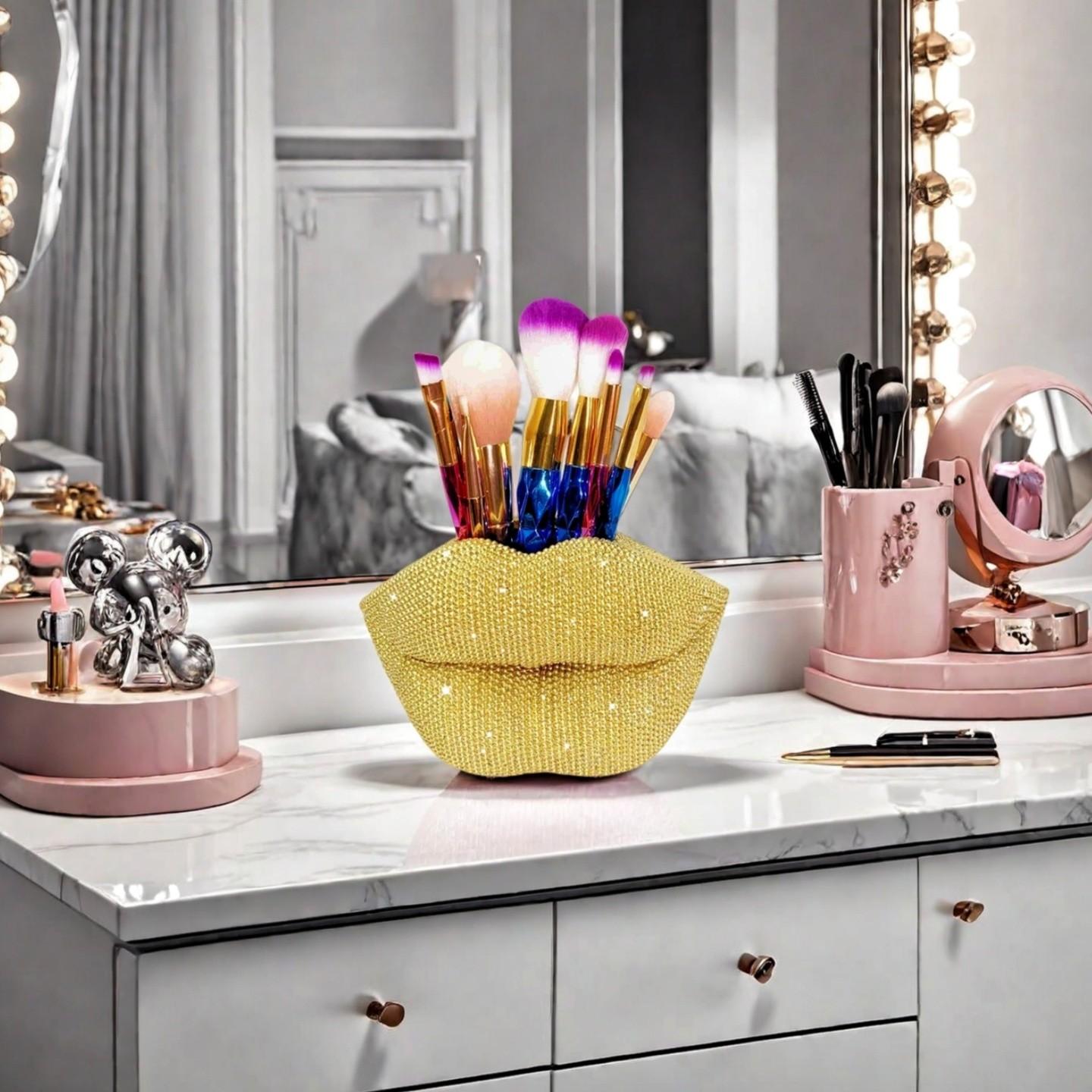 Sexy Lip Statue Ornament, Shimmering Storage Decor, Luxury Makeup Brush Holder, Ideal for Vanity, Bathroom, Christmas Gift
