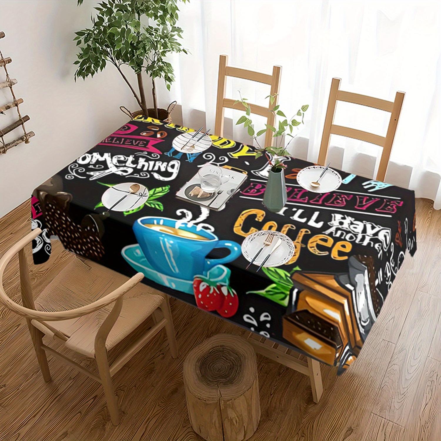 1pc Chic Coffee and Text Design Tablecloth - Rectangular Polyester Tablecloth, Easy to Clean, for Parties, Dining Decor and Outdoor Use, Picnic Table Cover