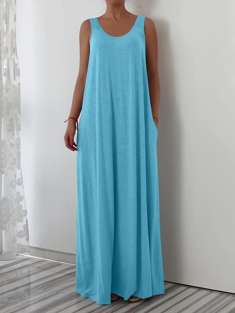 Elegant Plus Size Women's Sleeveless Round Neck Plain Vest Dress, Casual Home Wear, Comfortable Fit, Multiple Colors Available