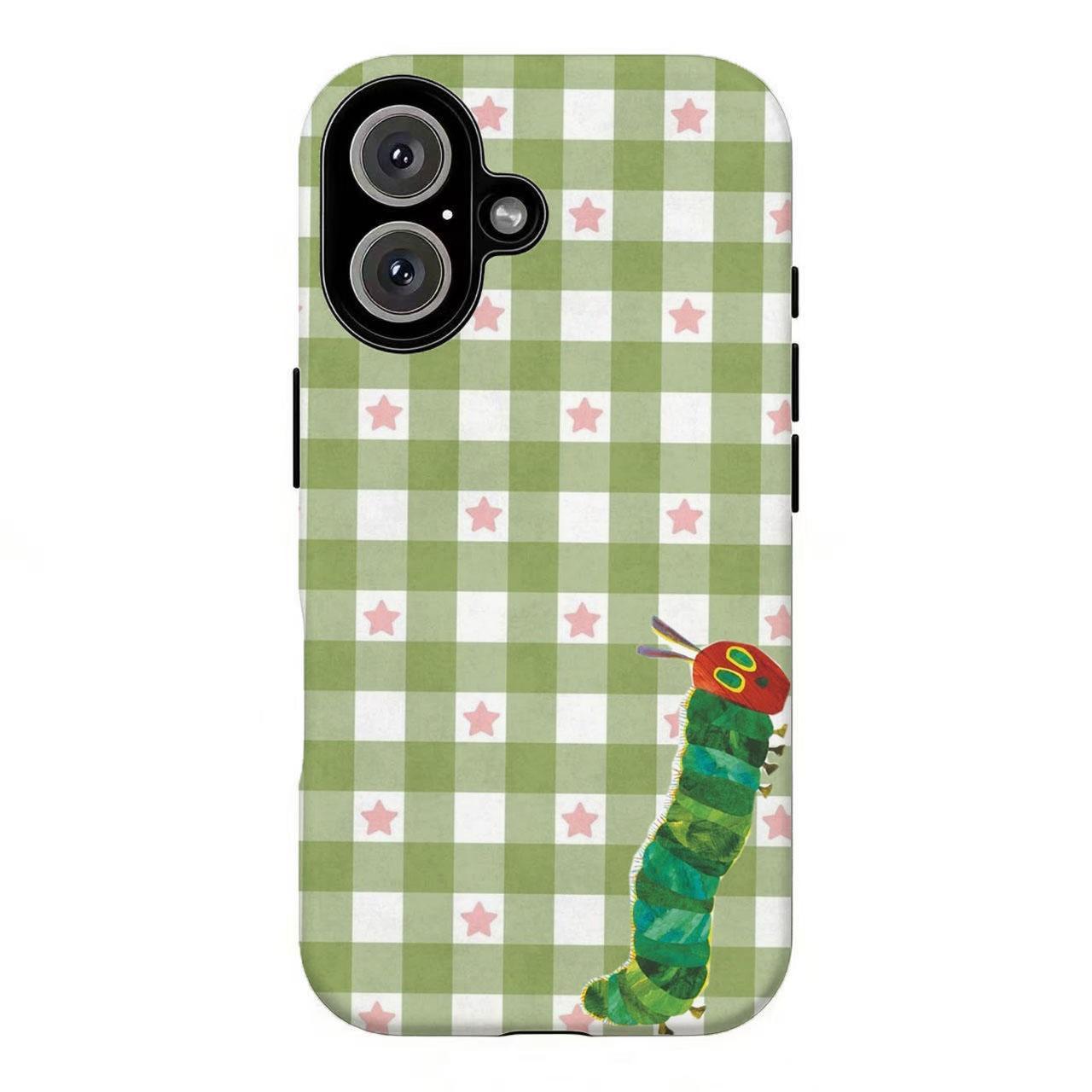 FL-Cute Caterpillar Green Gingham Star Phone Case For iPhone 11 12 13 14 15 16 17 Air Pro Max for Samsung S26 S25 S24 S23 S22 S21 Case,Gift for her/him
