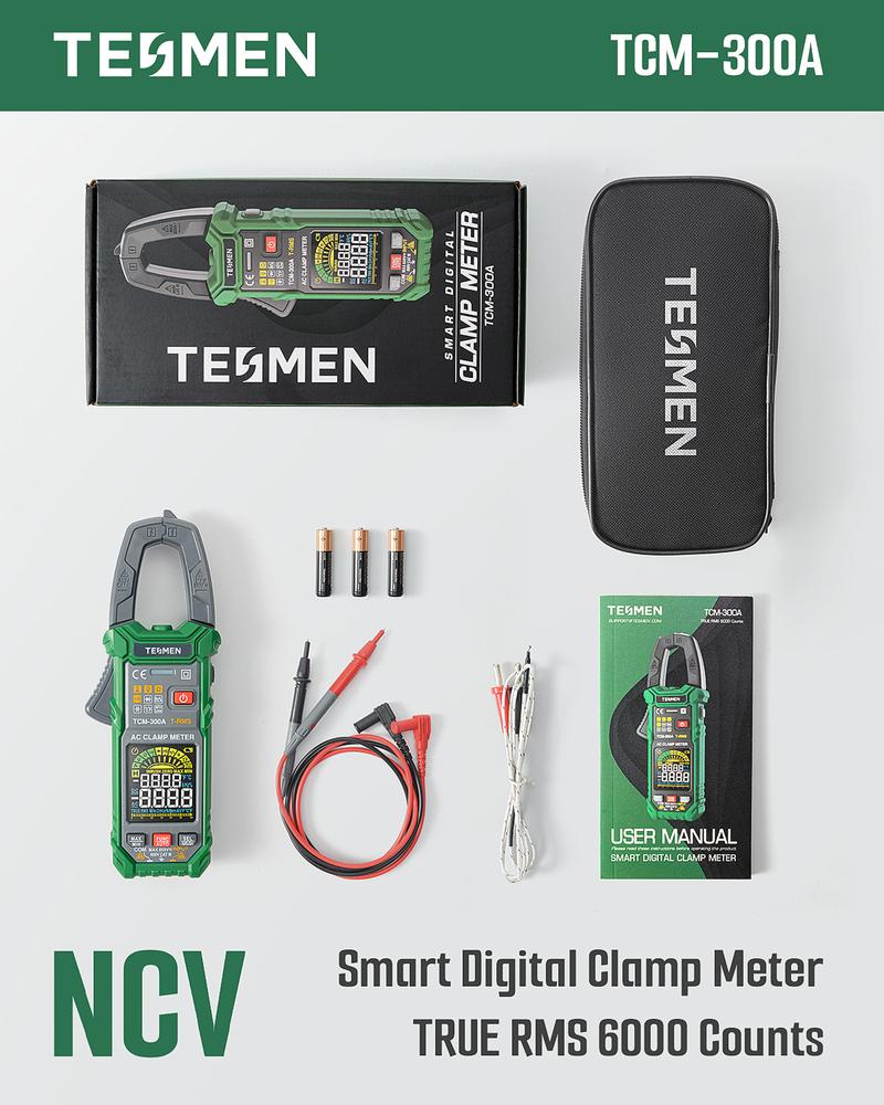 TESMEN TCM-300 Smart Clamp Meter Multimeter, 6000 Counts, Smart Measurement, Auto-Ranging with AC/DC Voltmeter, Non-Contact Voltage Detection, Measures AC/DC Volatge, Current, Resistance, Capacitance, Diode, Temperature, Continuity, Hz% TESMEN TCM-300 Smart Clamp Meter Multimeter, 6000 Counts, Smart Measurement, Auto-Ranging with AC/DC Voltmeter, Non-Contact Voltage Detection, Measures AC/DC Volatge, Current, Resistance, Capacitance, Diode, Temperature, Continuity, Hz%