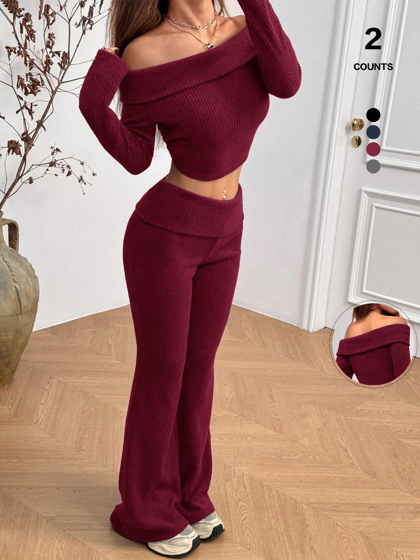 2026 Women's 2-Piece Matching Set, Off-The-Shoulder Long Sleeve Crop Top & High-Waist Flare Leg Pants, Sexy Y2K Ribbed Knit