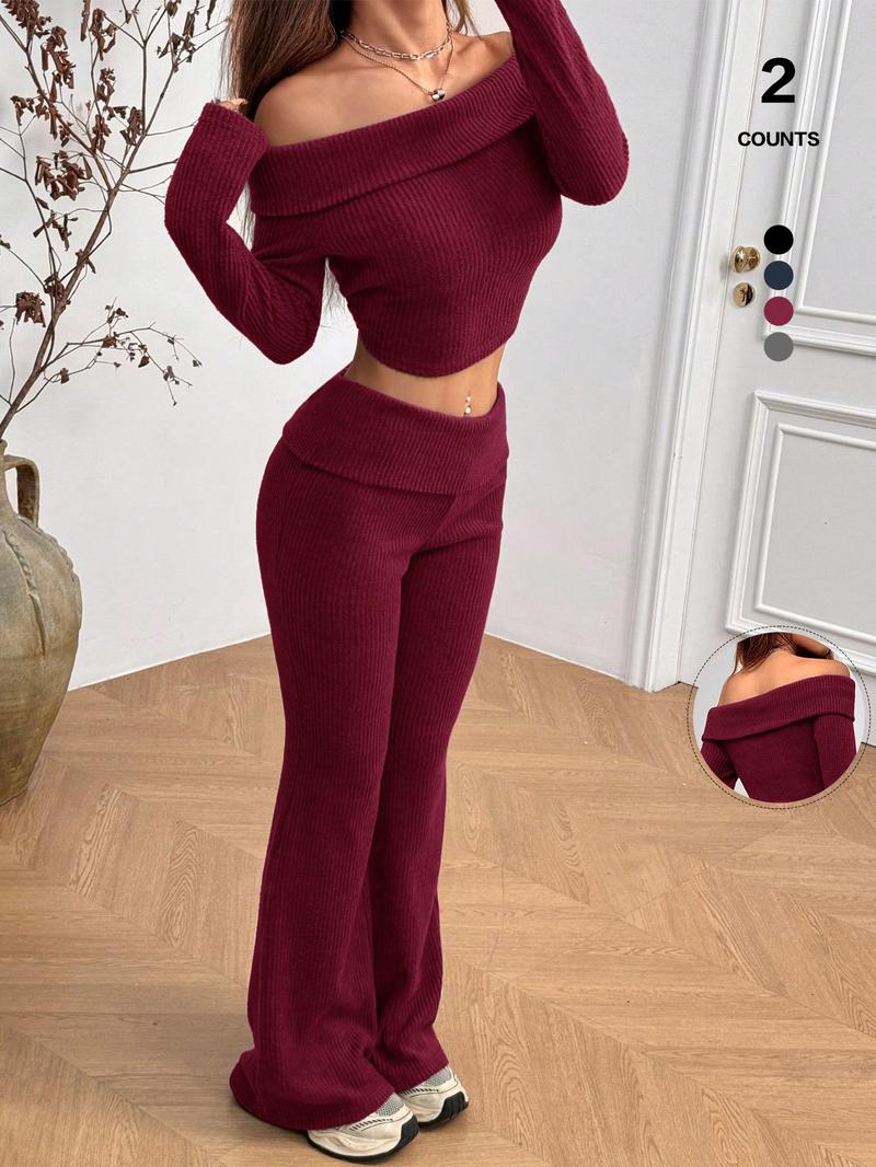 2026 Women's 2-Piece Matching Set, Off-The-Shoulder Long Sleeve Crop Top & High-Waist Flare Leg Pants, Sexy Y2K Ribbed Knit