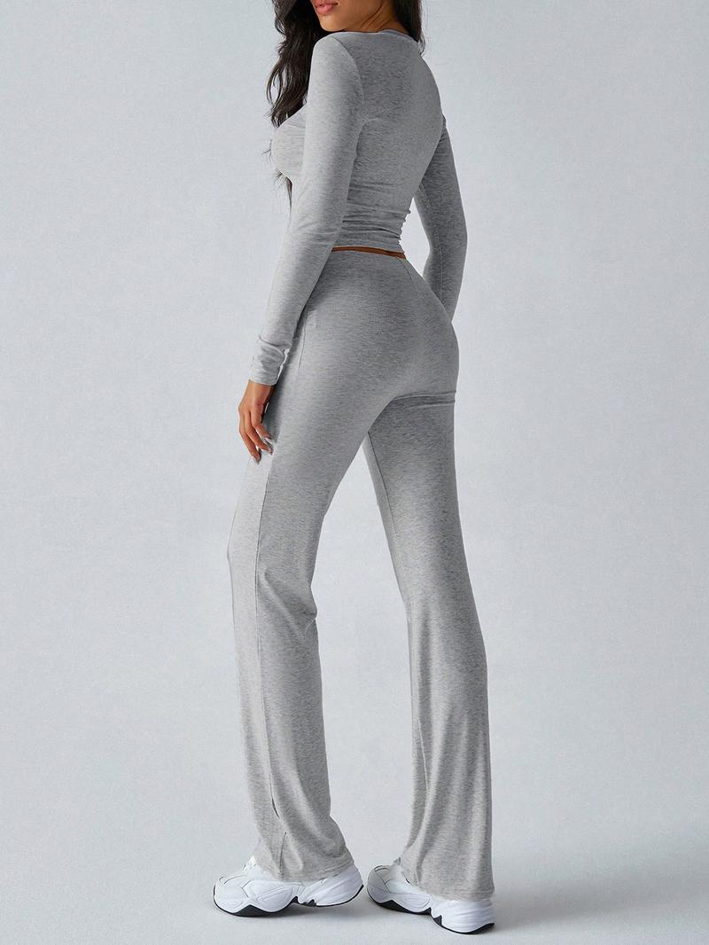 2026 Two Pieces Fall Women Clothes Y2K Sporty Casual Home Solid Color Fitted Long-Sleeved T-Shirt And Long Pants Set