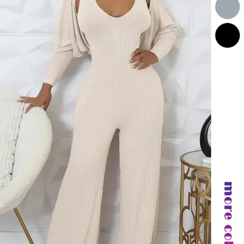 Women's Casual Plain Two-Piece Set, Soft Comfortable Fabric, Long Sleeve Outerwear and Sleeveless Jumpsuit for Fall & Winter, Loungewear