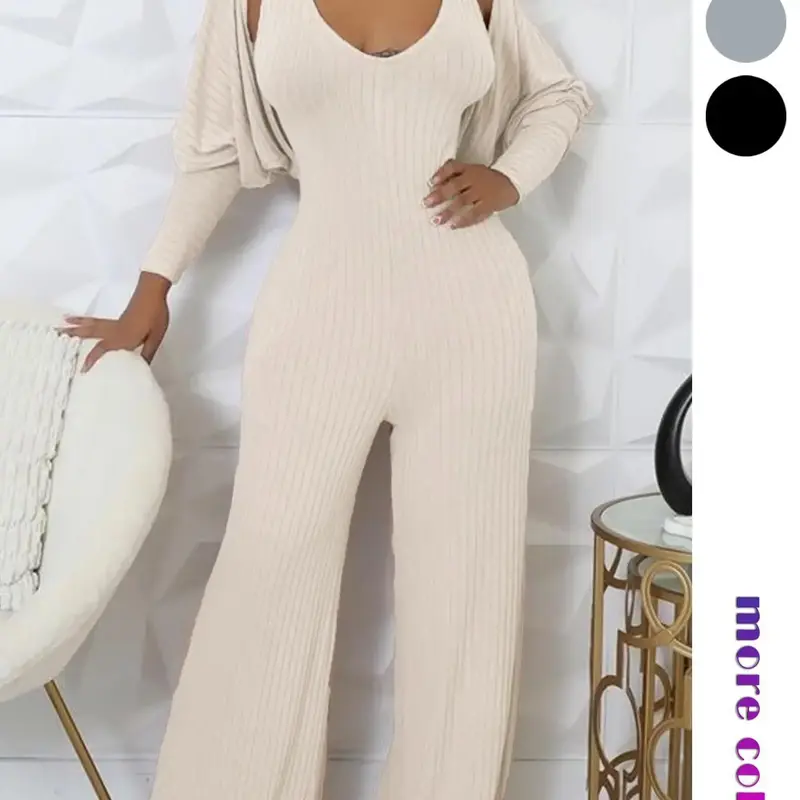 Women's Casual Plain Two-Piece Set, Soft Comfortable Fabric, Long Sleeve Outerwear and Sleeveless Jumpsuit for Fall & Winter, Loungewear