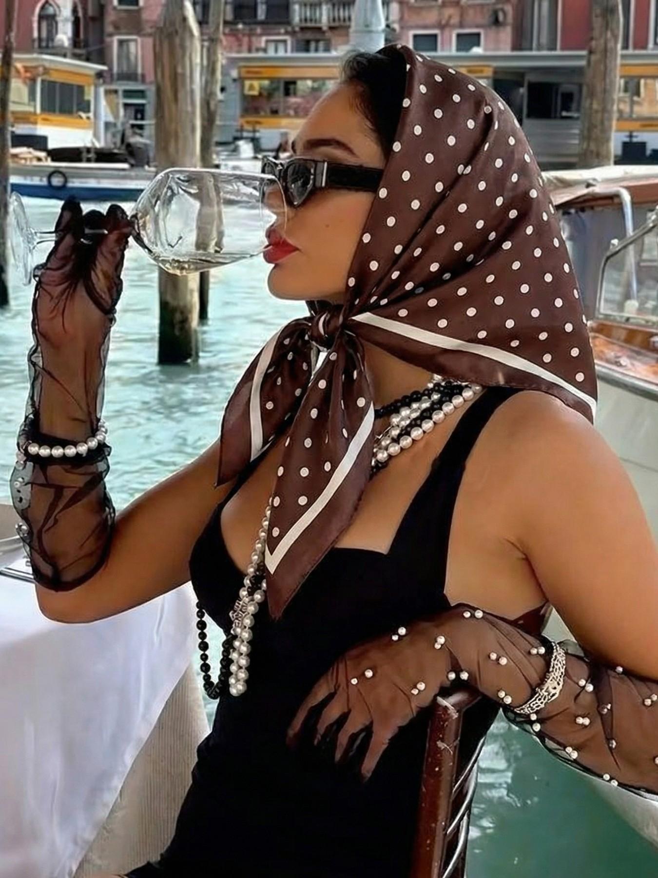 Classic Polka Dot Print Silk Scarf, French Vintage New Satin Square Scarf, 90x90cm Versatile Bandana, Elegant Headscarf, Head Wrap, Commute Travel Decorative Hijab