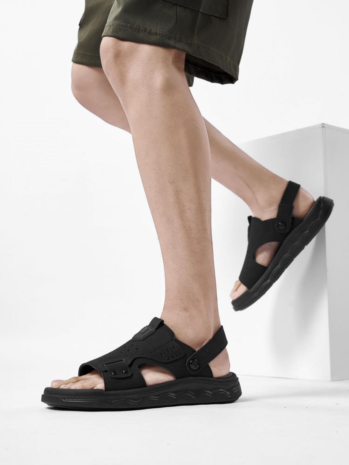 Men's Solid Color Dual-Wear Velcro Closed-Toe Sandals Thick-Soled Breathable Beach Shoes Non-Slip Wear-Resistant Outdoor Water-Resistant Sandals