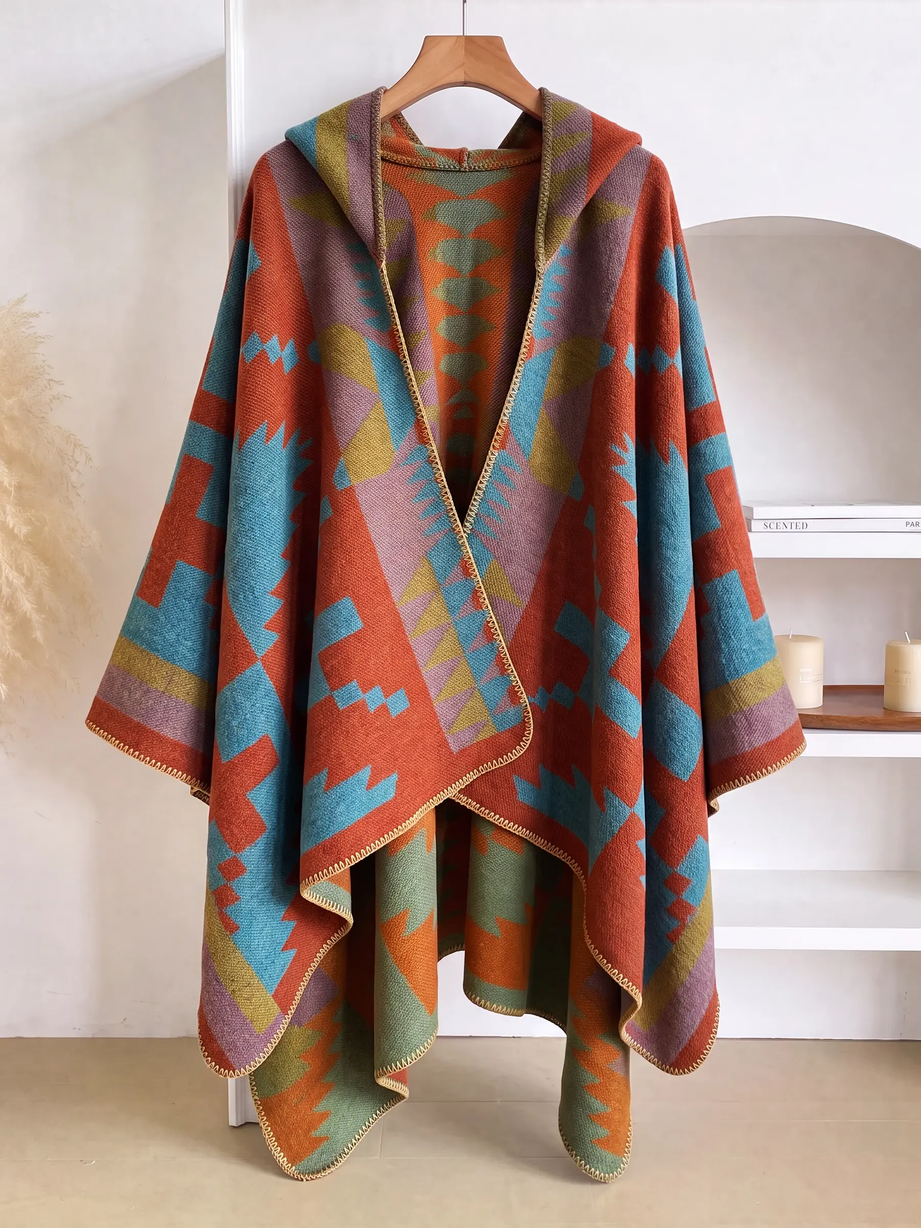 Women's Geometric Print Shawl, Casual Loose-Fitting Scarf, Hooded Warm Windproof Accessory, Perfect for Outdoor Activities