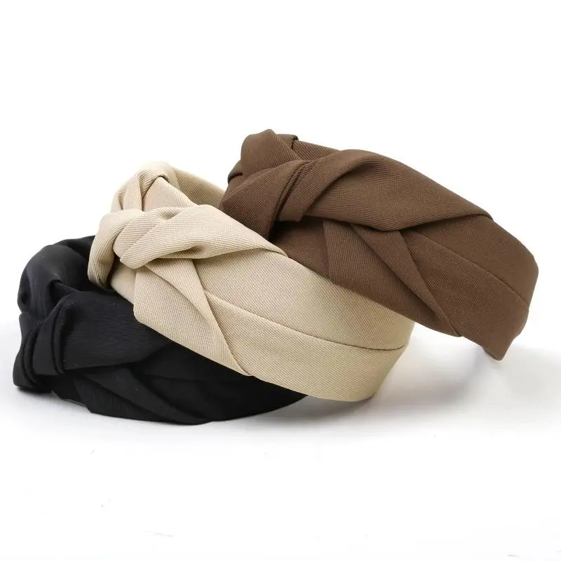3 Pack Knotted Headbands for Women, Non Slip Wide Top Knot Hair Hoops, Neutral Hair Bands Black Beige Brown, Random Color Delivery, Christmas & Party Hair Accessory